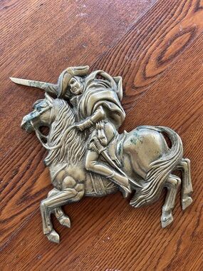 Brass Knight on Horseback Wall Plaque - Gold Tone